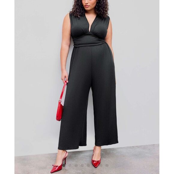Cider Pants - Elegant Black Wide-Leg Jumpsuit V-Neck Sleeveless Evening‎ Wear Plus Size